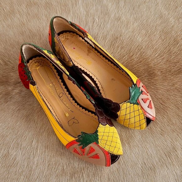 Charlotte Olympia Incy Tutti Frutti Peep Toe Leather Ballet Flats Shoes Girls 29 - Picture 10 of 14